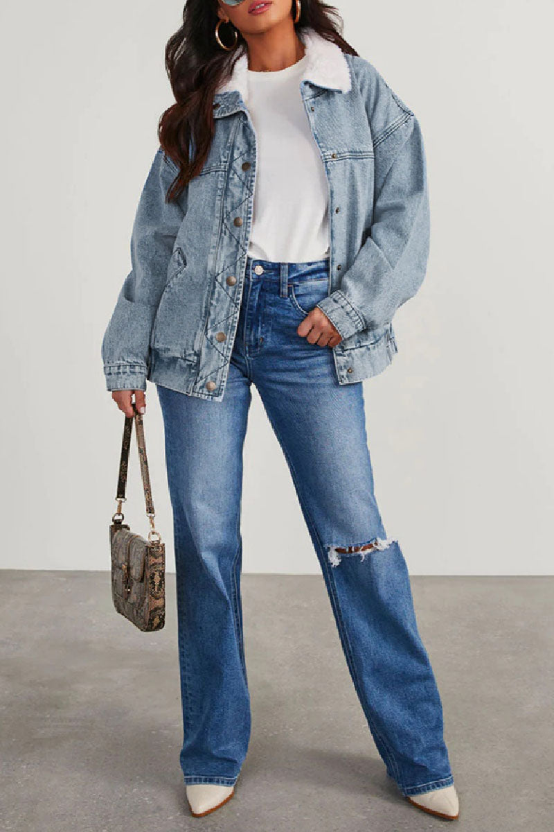 Zana | Oversized denim damesjas met pluche kraag - Casual lange mouwen met omgeslagen kraag