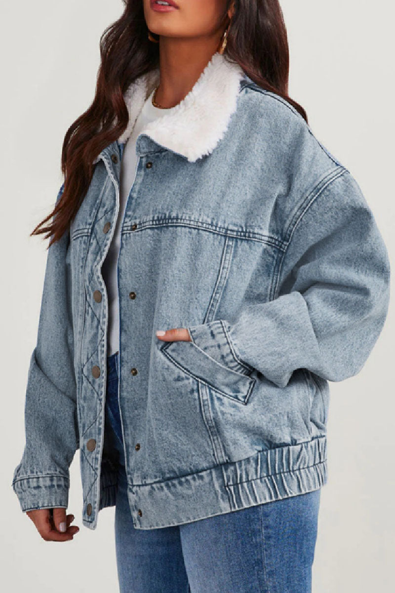 Zana | Oversized denim damesjas met pluche kraag - Casual lange mouwen met omgeslagen kraag