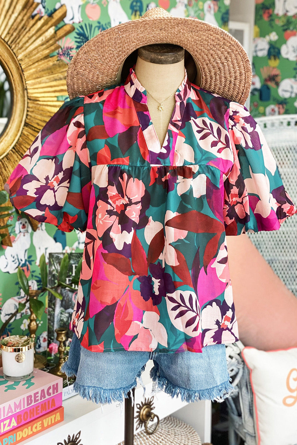 Ysoria | Blouse with Floral Puffed Sleeves and Notched V-Neck - Elegant Women's Top