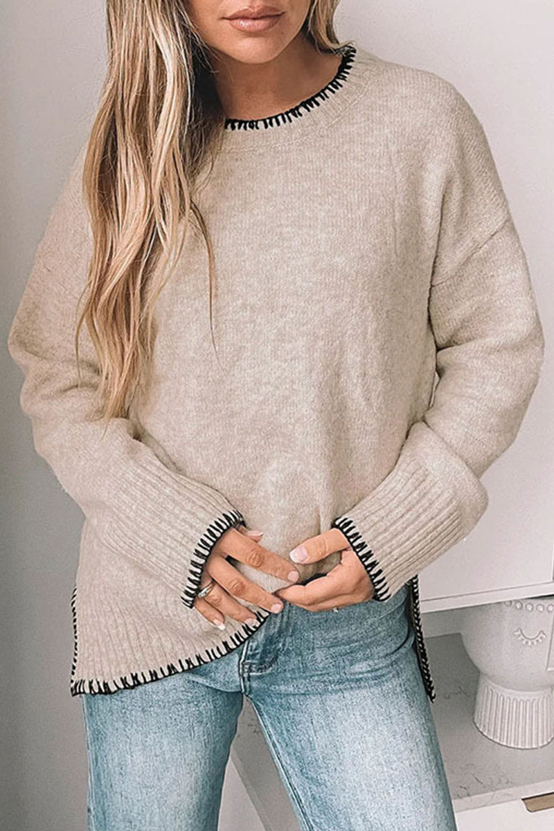 Indira | Casual Patchwork Trui met O-hals en gestikt zoomdetail voor dames