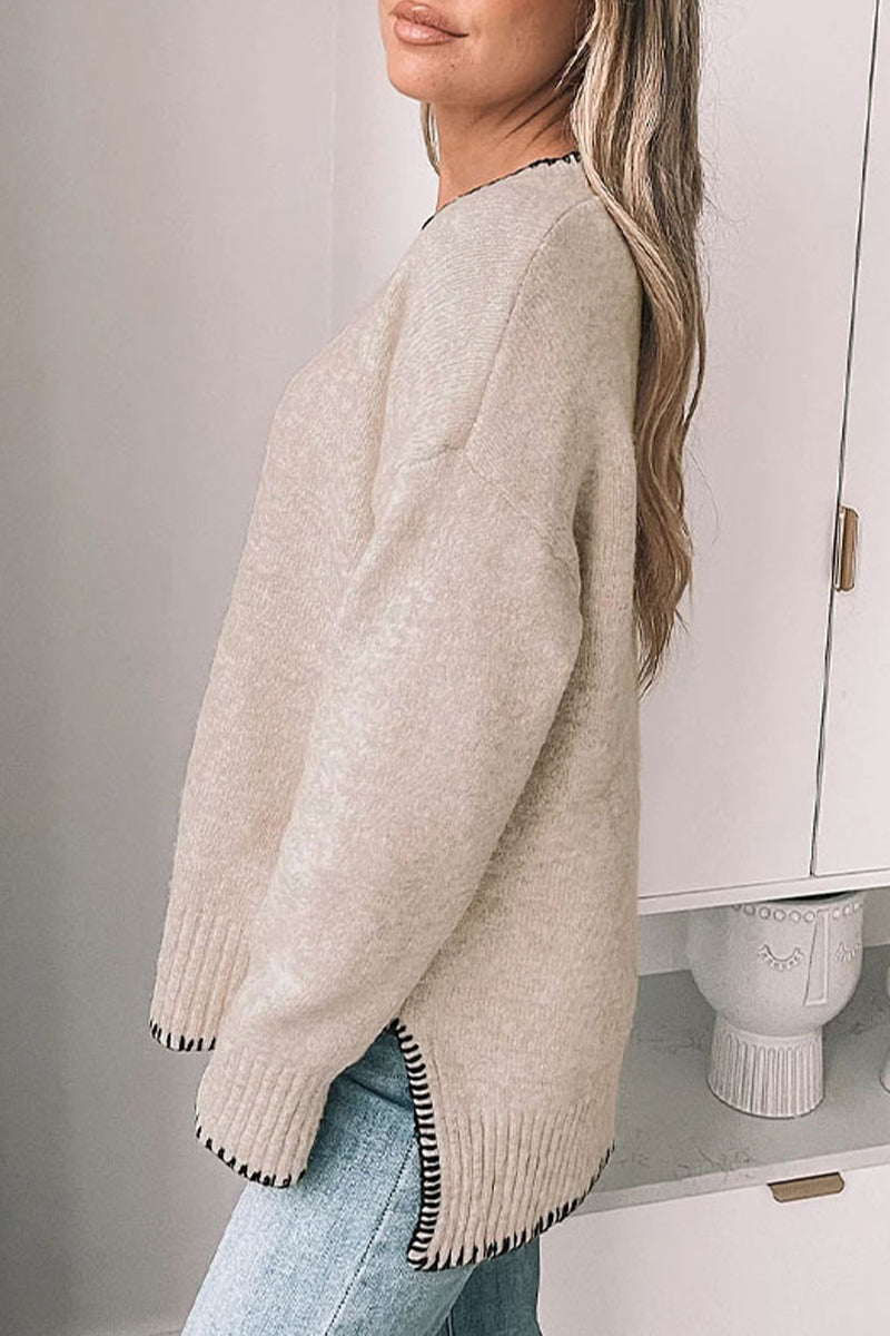Indira | Casual Patchwork Trui met O-hals en gestikt zoomdetail voor dames
