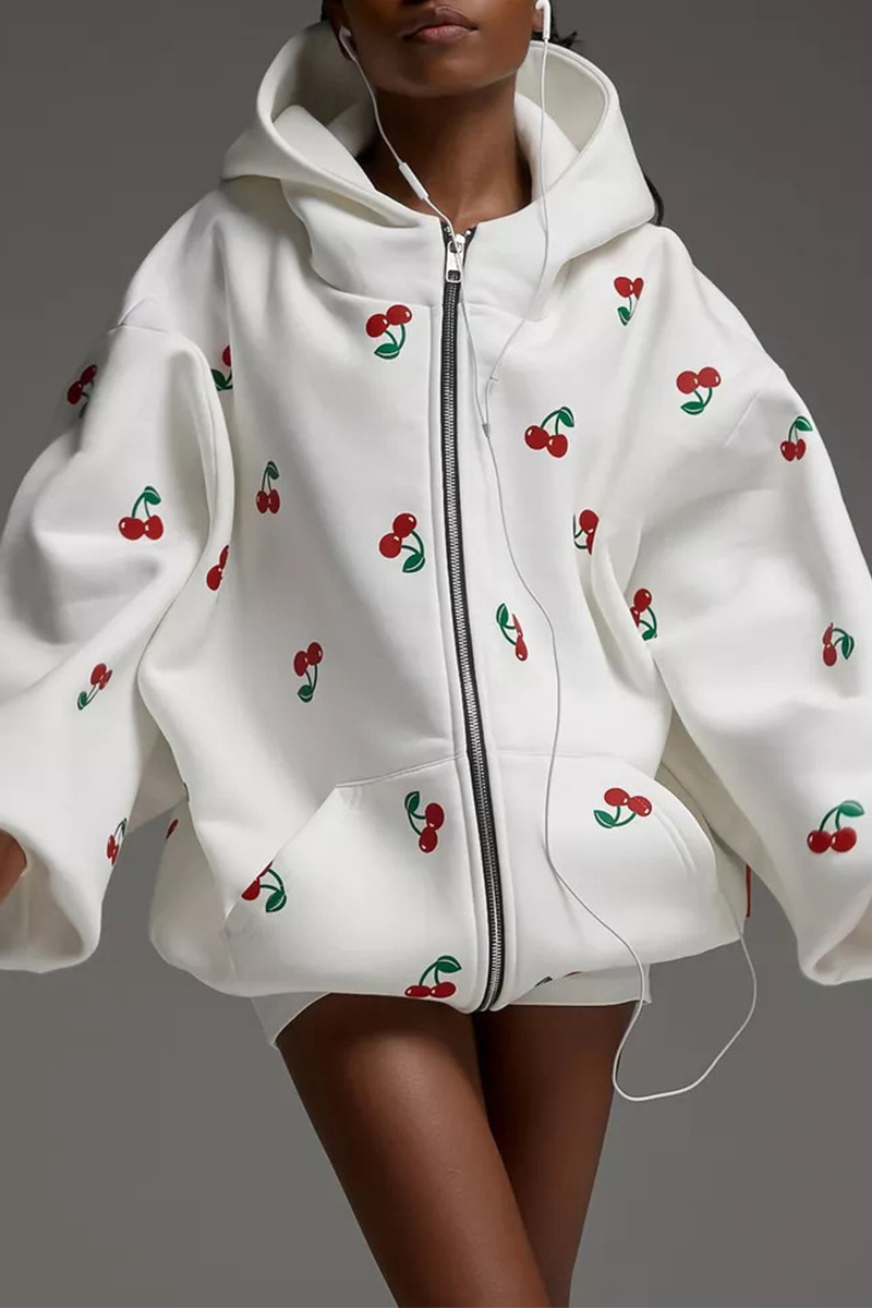 Poca | Hoodie met ritssluiting en kersenprint - Casual Streetwear met zakken