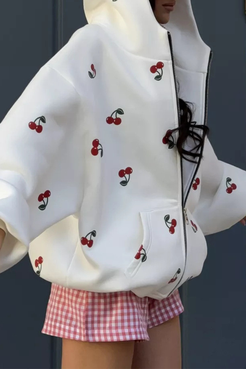 Poca | Hoodie met ritssluiting en kersenprint - Casual Streetwear met zakken