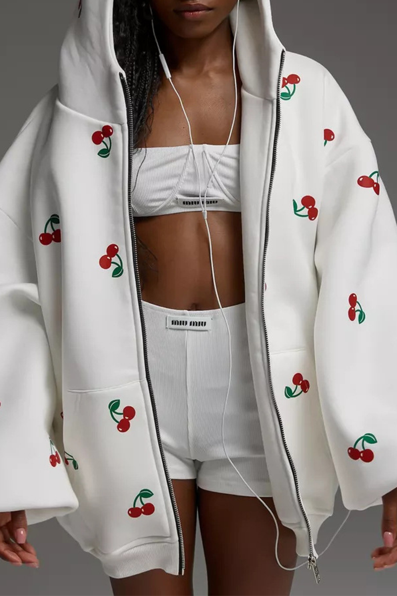 Poca | Hoodie met ritssluiting en kersenprint - Casual Streetwear met zakken
