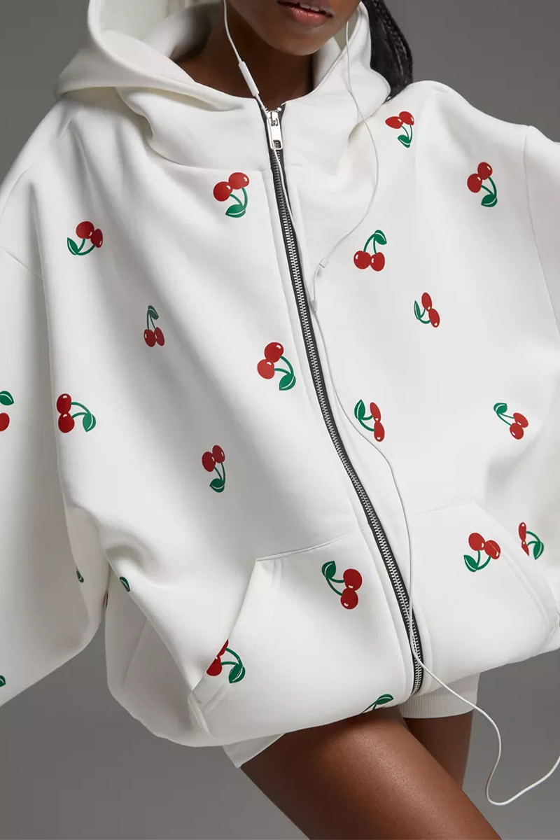 Poca | Hoodie met ritssluiting en kersenprint - Casual Streetwear met zakken