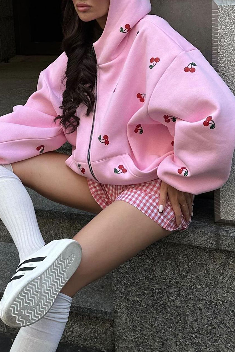 Poca | Hoodie met ritssluiting en kersenprint - Casual Streetwear met zakken