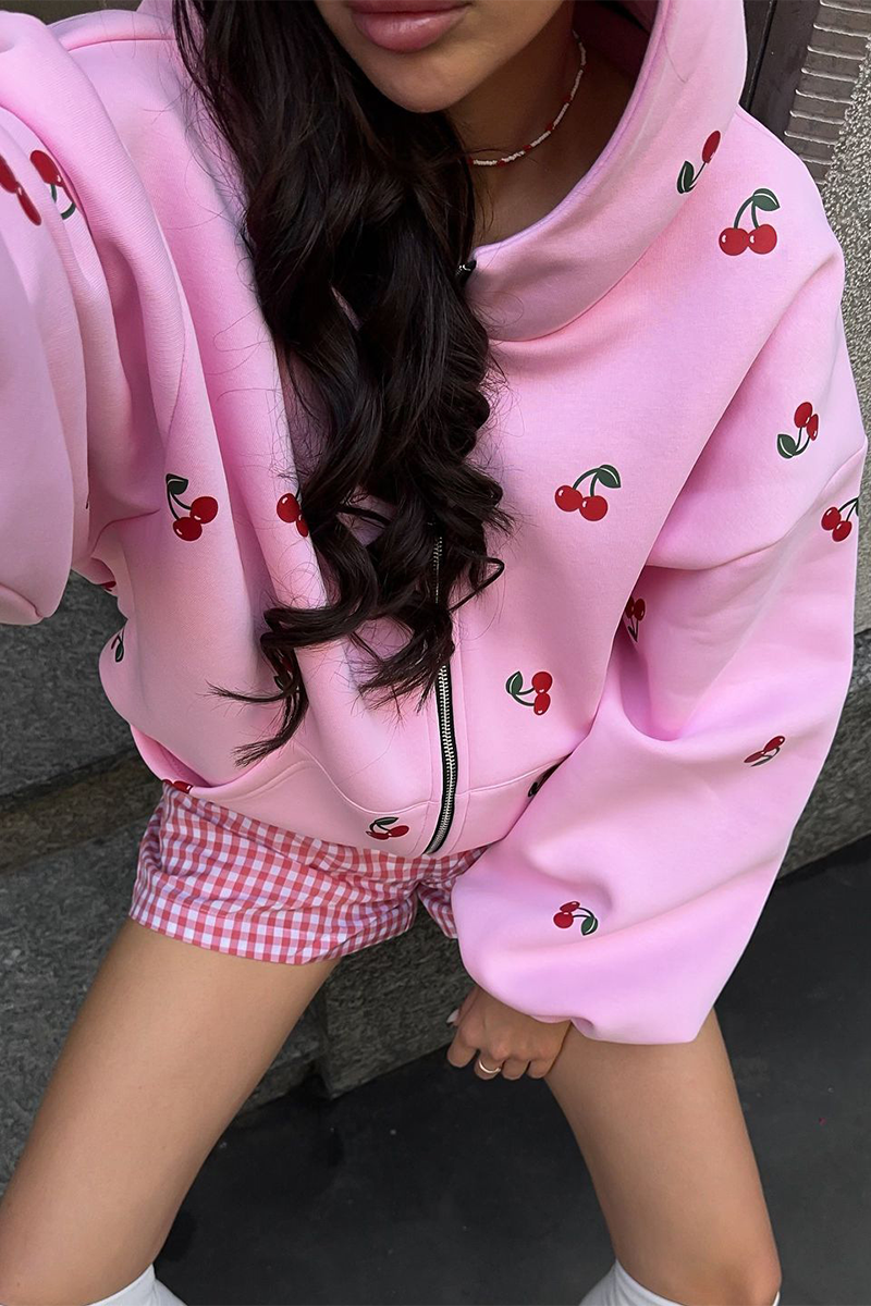 Poca | Zip-up Hoodie with Cherry Print - Casual Streetwear with Pockets