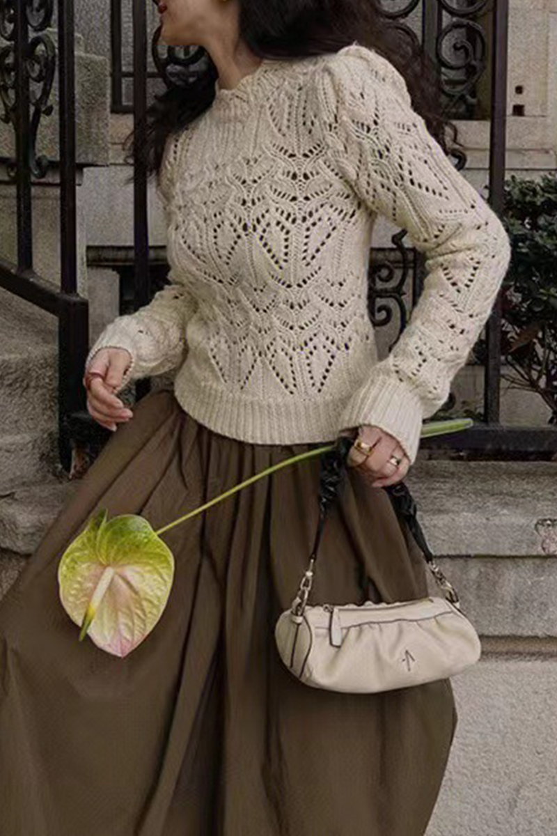 Viola | Uitgeholde gebreide O-hals trui voor vrouwen, casual trui met lange mouwen en haakbloemdetail, stijlvol en comfortabel