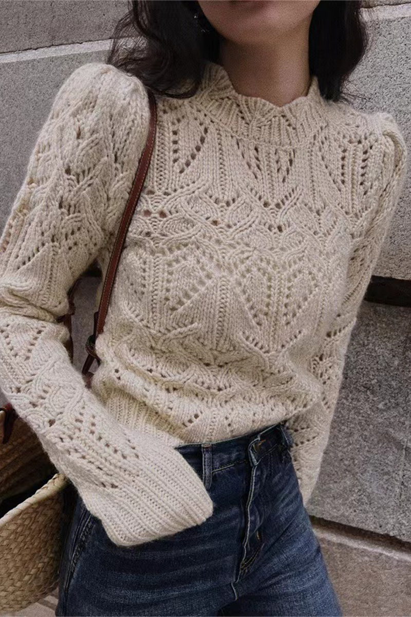 Viola | Uitgeholde gebreide O-hals trui voor vrouwen, casual trui met lange mouwen en haakbloemdetail, stijlvol en comfortabel