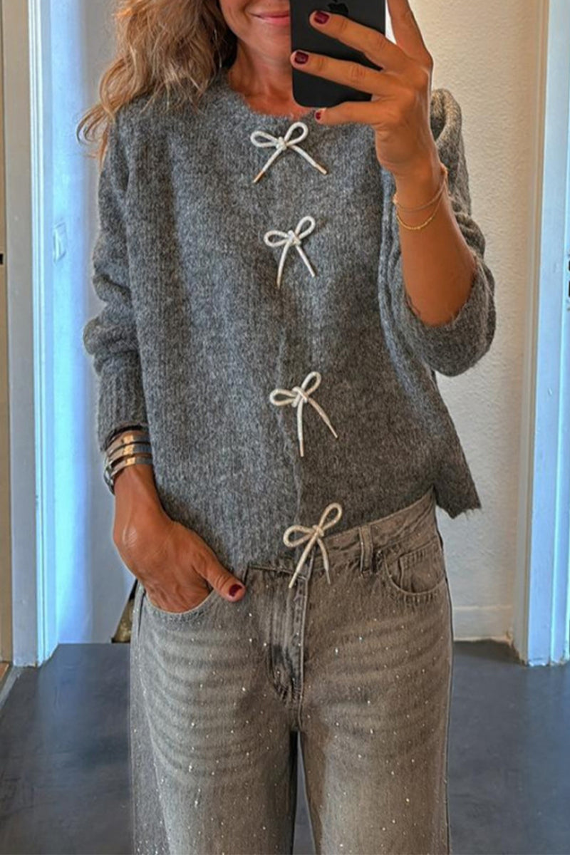 Aurelie | Casual effen damestrui met strikdetail, Pullover met O-hals voor herfst & winter comfort