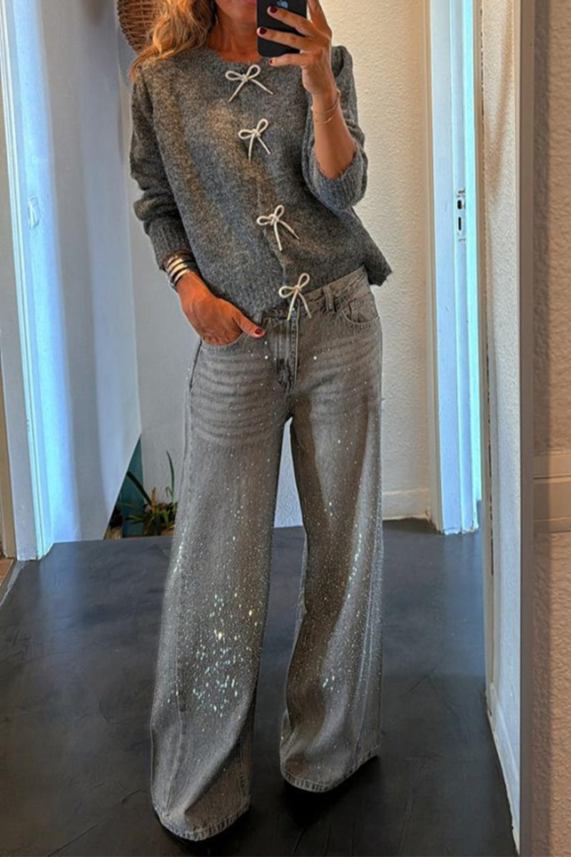 Aurelie | Casual effen damestrui met strikdetail, Pullover met O-hals voor herfst & winter comfort