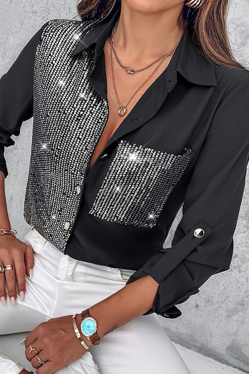 Zora | Casual Paillettenzakje Contrasterende Blouse, Omgeslagen Kraag Top voor Dagelijks Dragen van Vrouwen