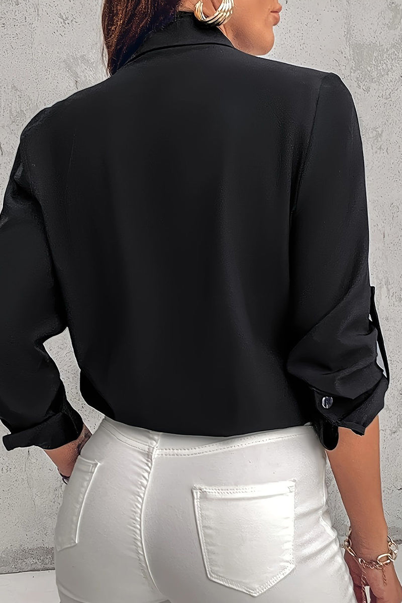 Zora | Casual Paillettenzakje Contrasterende Blouse, Omgeslagen Kraag Top voor Dagelijks Dragen van Vrouwen