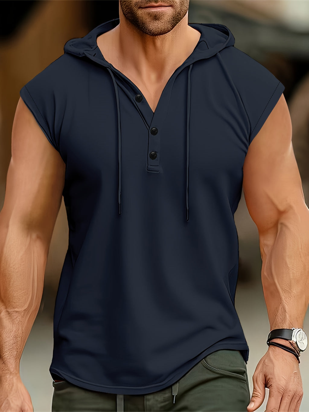 Acton | Heren mouwloze hooded Henley Tank - Ademend sportshirt