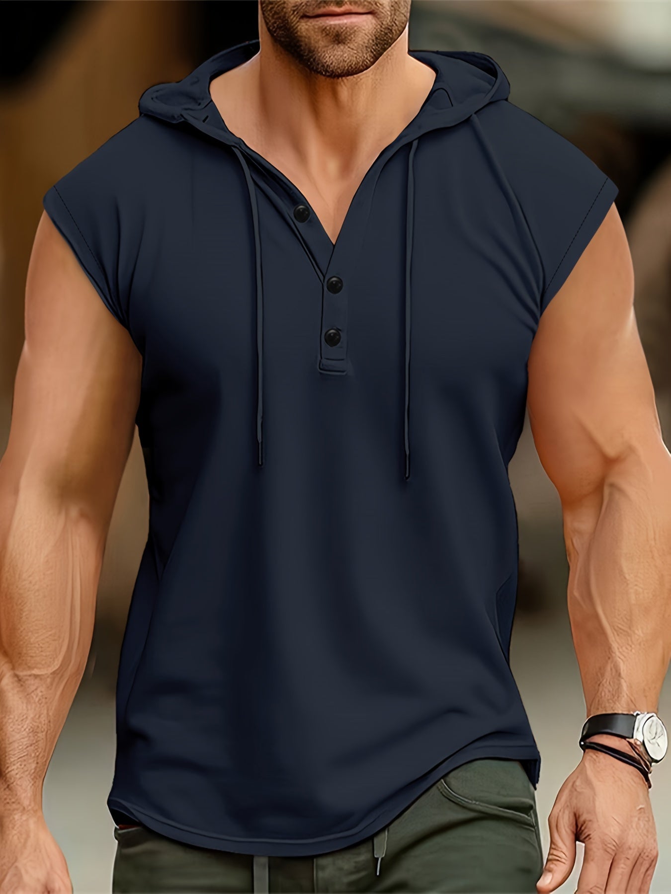 Acton | Heren mouwloze hooded Henley Tank - Ademend sportshirt