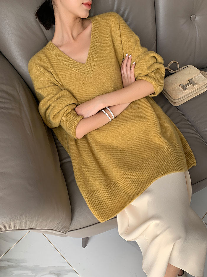 Inger | Klassieke gebreide V-hals trui voor dames – Losvallende pullover, warme kasjmiermix