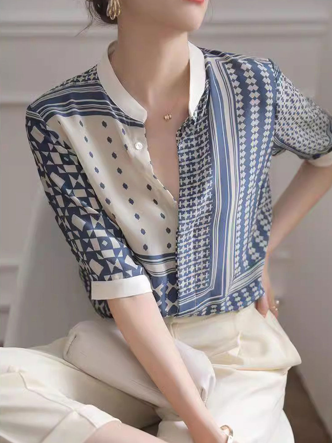 Zulema | Dameshemd met geometrische abstracte print - 3/4 mouwen, lichtgewicht blouse