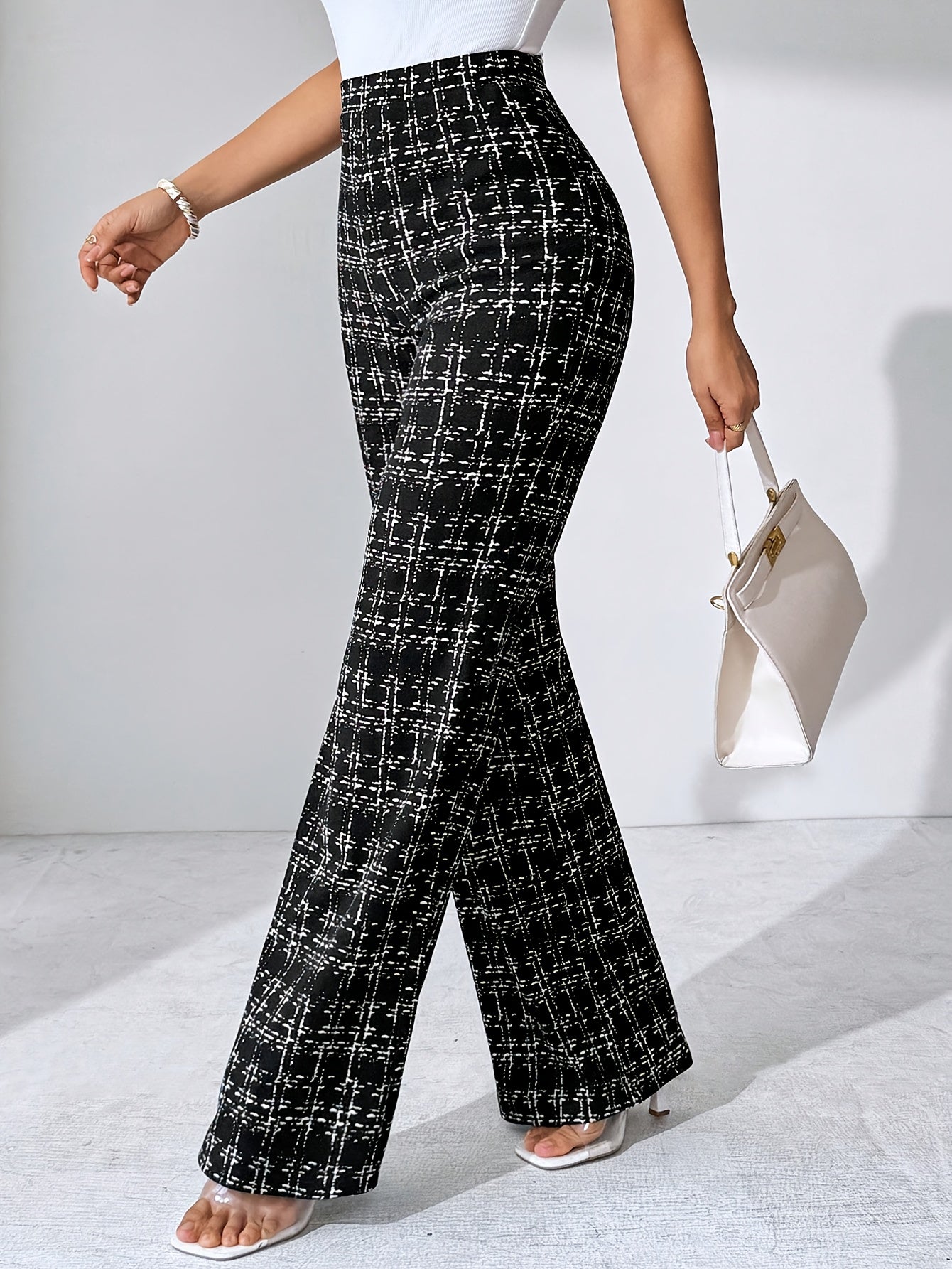 Laverna | Hoge taille geruite tweed flare broek voor dames – Rekbare casual broek met wijde pijpen