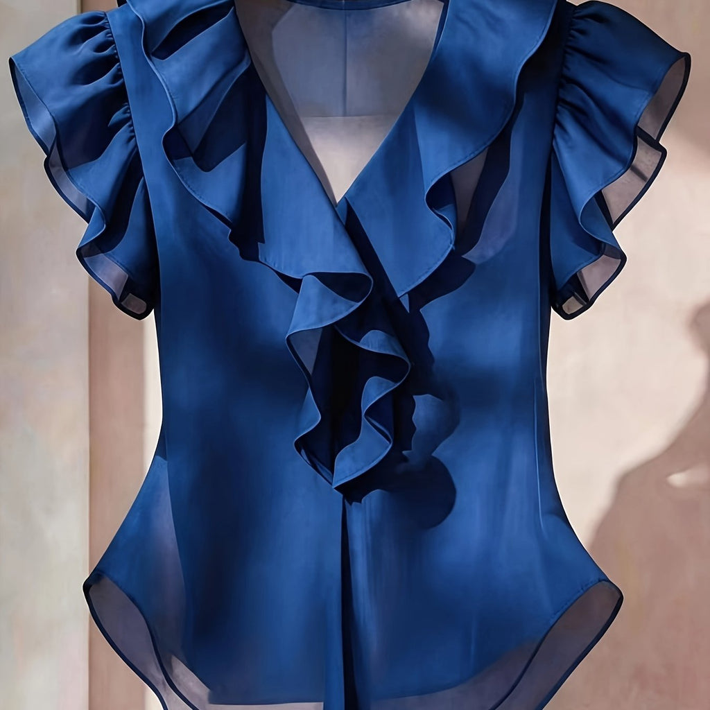Ionae | Dames zomer chiffon shirt – Franse stijl top met ruches in effen kleur