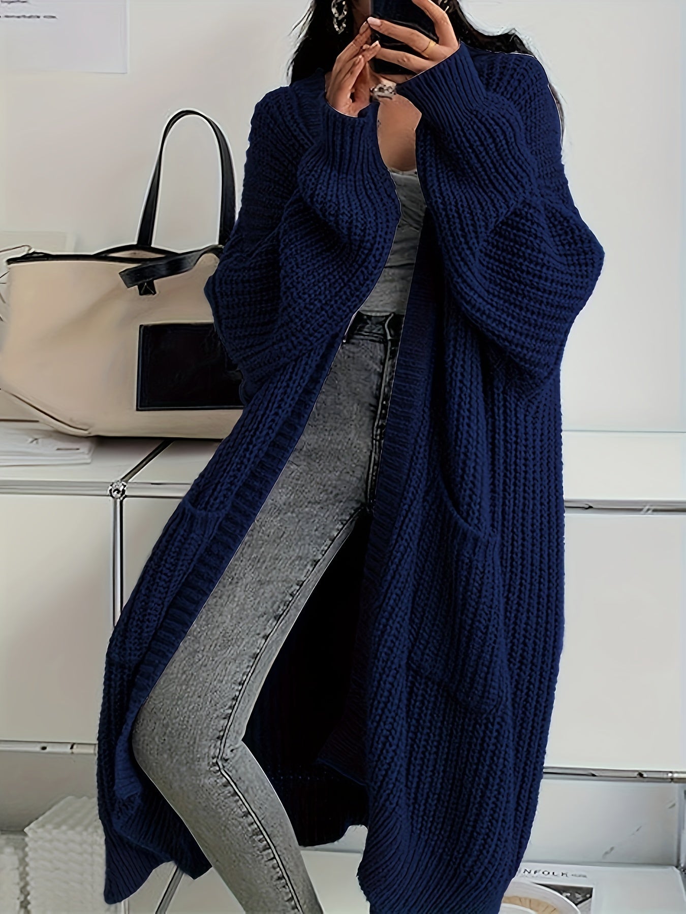 Noomi | Gilet long uni pour femme, ouvert sur le devant, manches longues décontractées et épaules dénudées