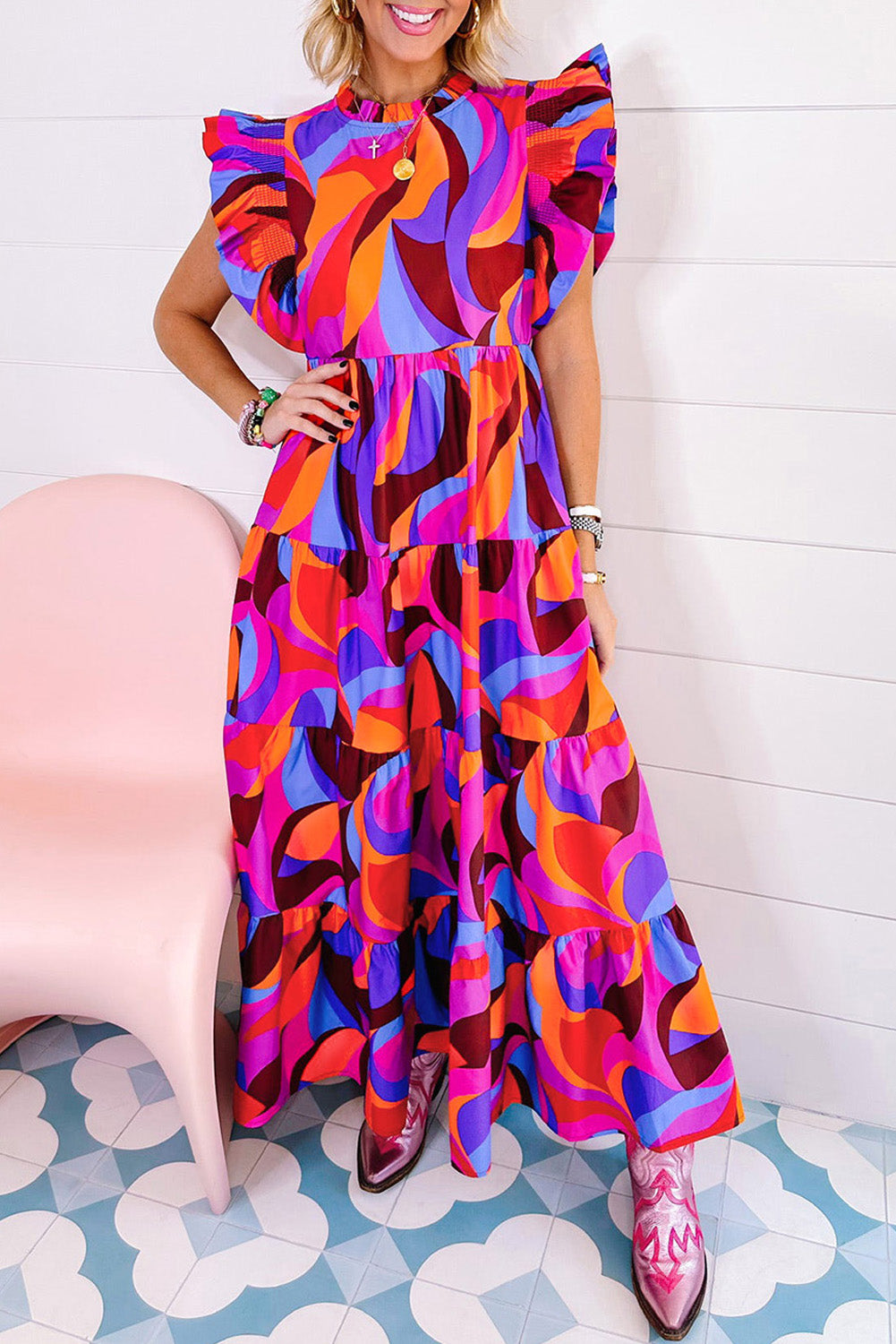 Isha | Women's dress with abstract print and high waist - ruffled sleeves, tiered skirt, flowing and elegant