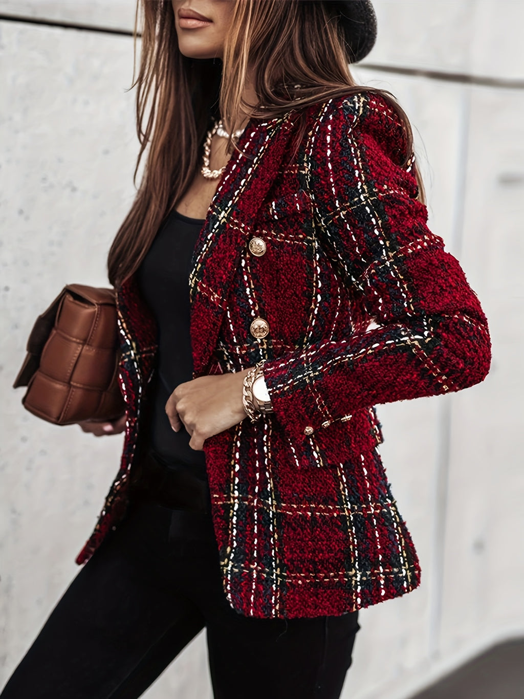 Genevieve | Blazer met twee rijen knopen - Elegante geruite Tweed jas met lange mouwen voor kantoor en werk, Dameskleding