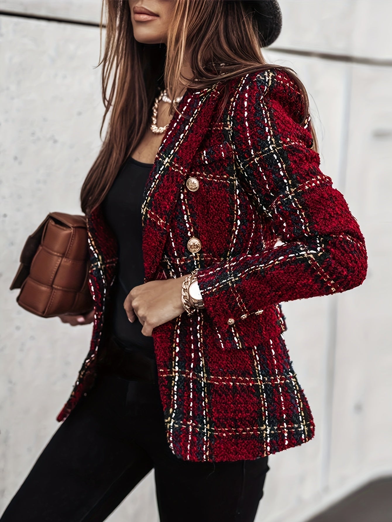 Genevieve | Blazer met twee rijen knopen - Elegante geruite Tweed jas met lange mouwen voor kantoor en werk, Dameskleding
