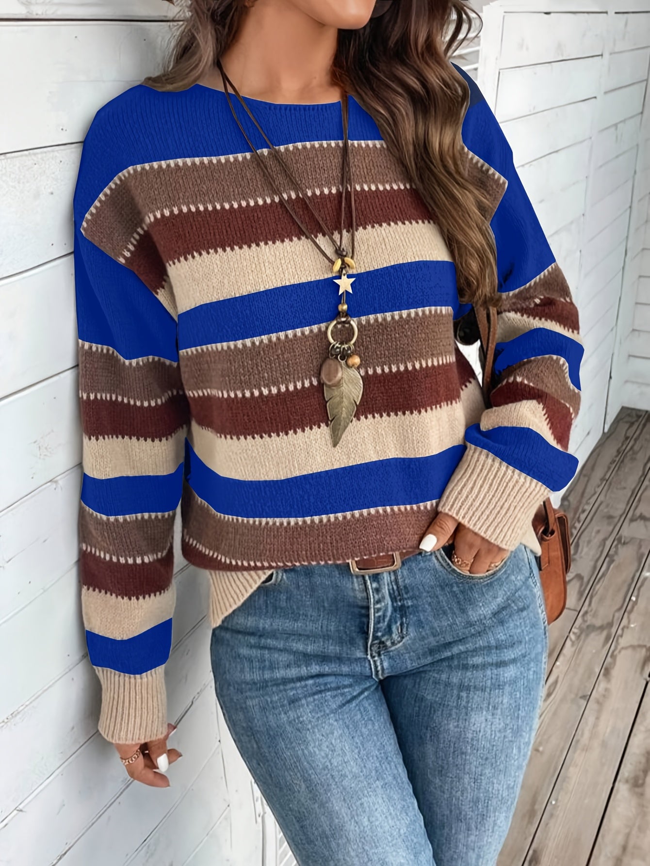 Freja | Dames Trui met Kleurblok Streepjes Ronde Hals - Vintage Pullover Met Lange Mouwen voor Vrijetijdskleding