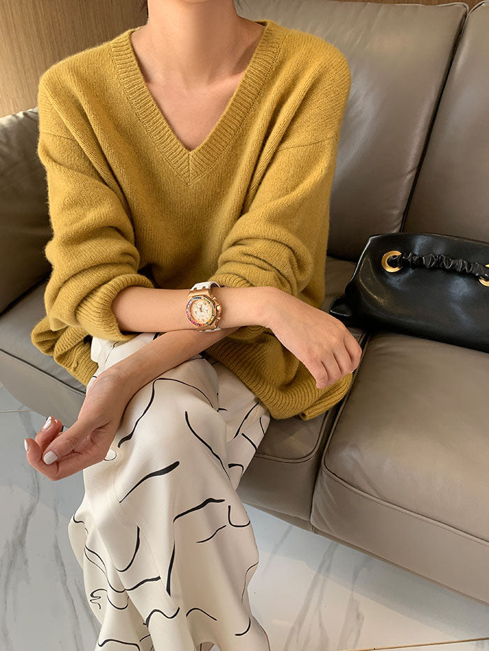 Inger | Klassieke gebreide V-hals trui voor dames – Losvallende pullover, warme kasjmiermix