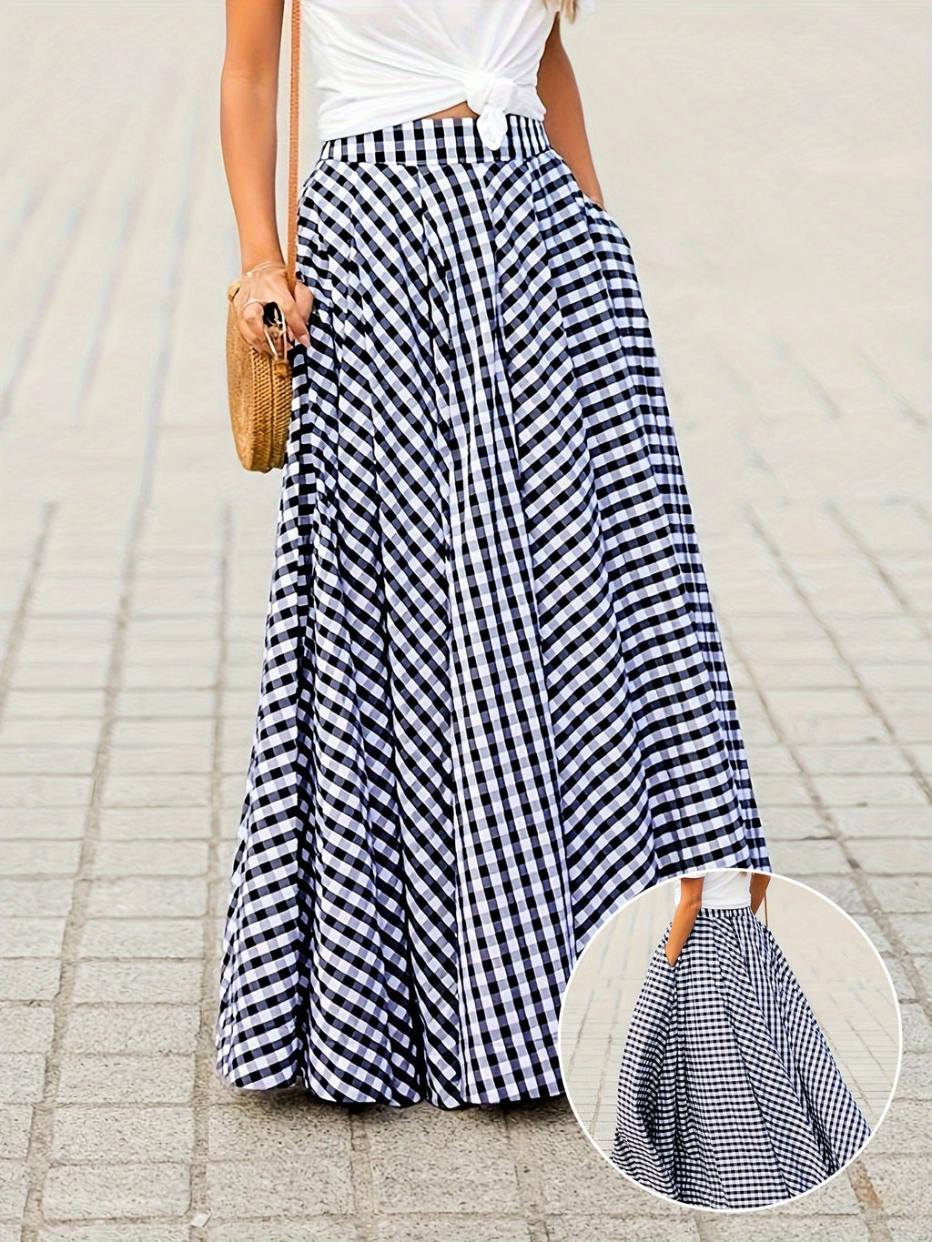 Mirthea | Gingham Midi Skirt for Women - high waist, flowy A-line, elegant and lightweight