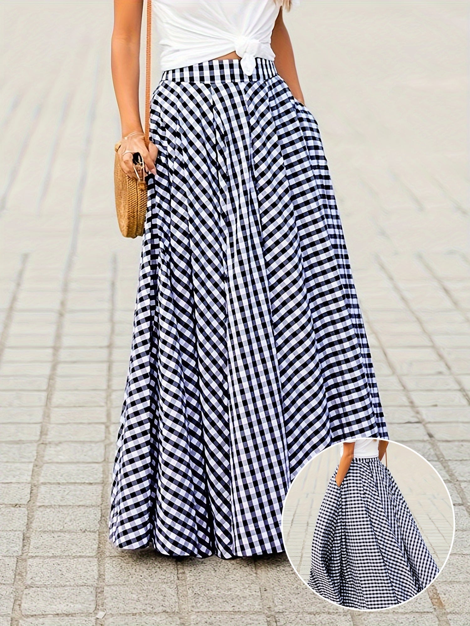 Mirthea | Gingham Midi Skirt for Women - high waist, flowy A-line, elegant and lightweight