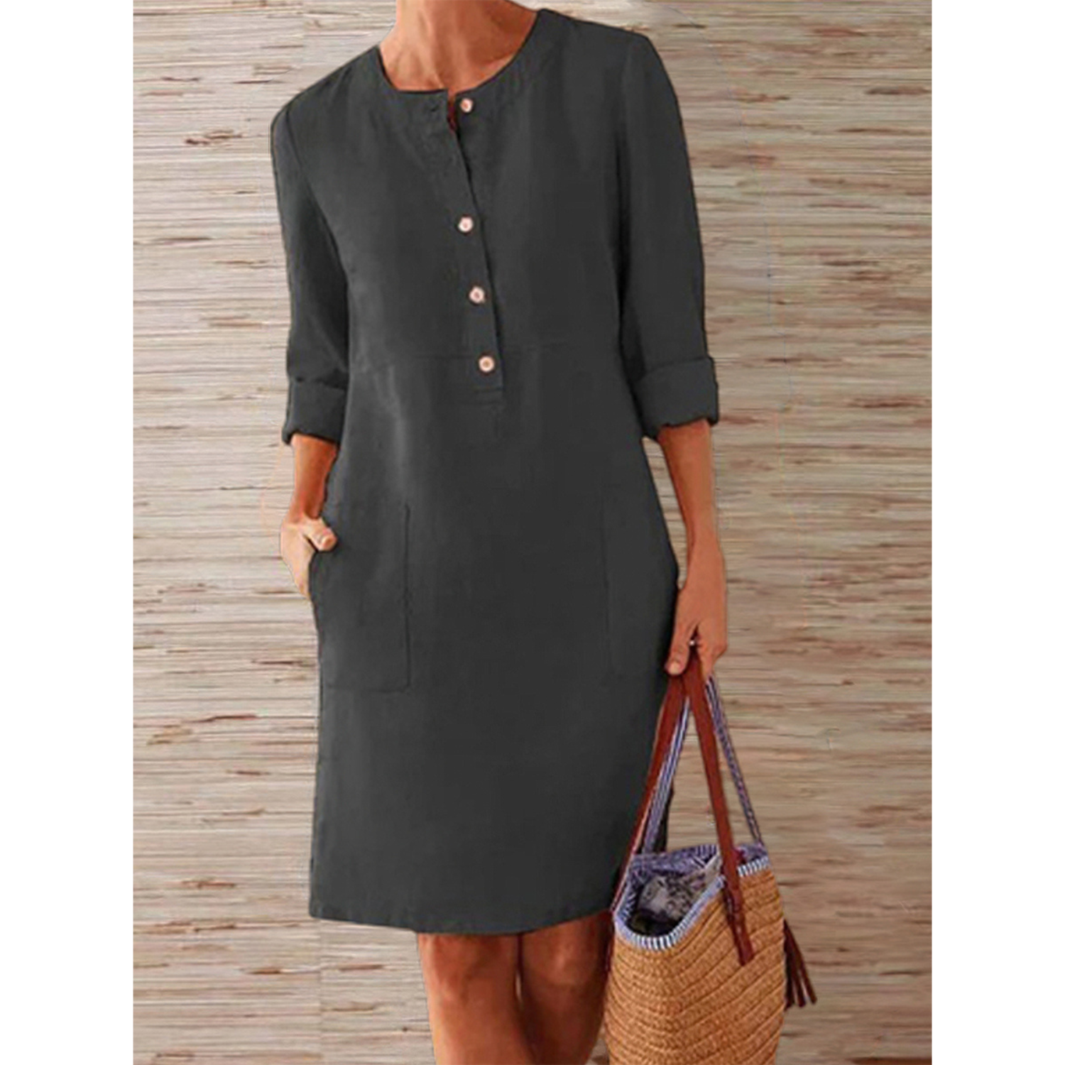 Fiamma | Linnen midi-jurk voor dames - 3/4 mouwen, Casual relaxed fit