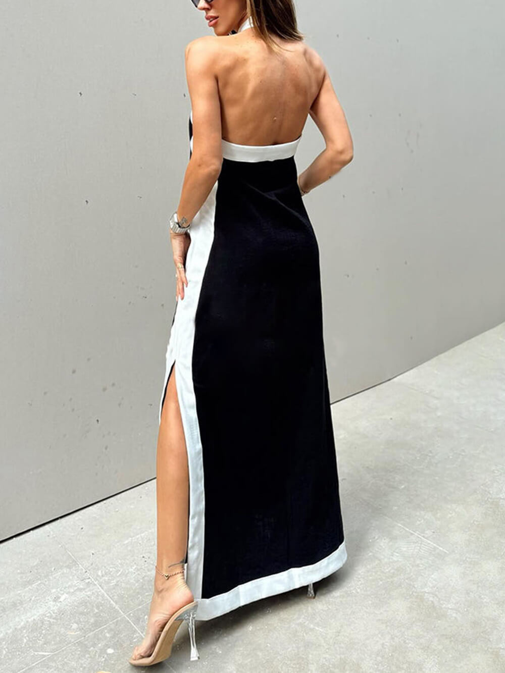 Viktoria | Kleurblok Halter Hals Maxi Jurk met Split