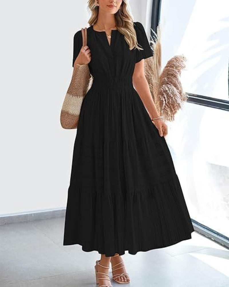 Olinda | Casual Short-Sleeved Maxi Dress - Flowy Long Dress for Women