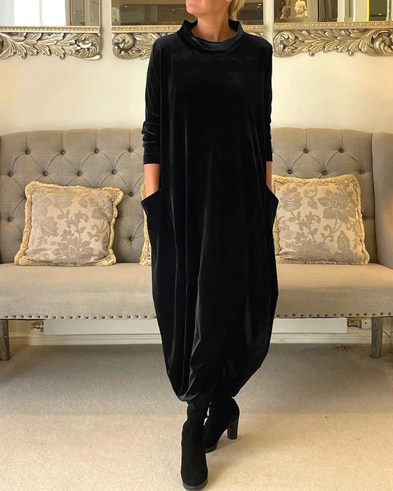 Sophie | Lange fluwelen winterjurk, lange mouwen, warme en elegante casual jurk