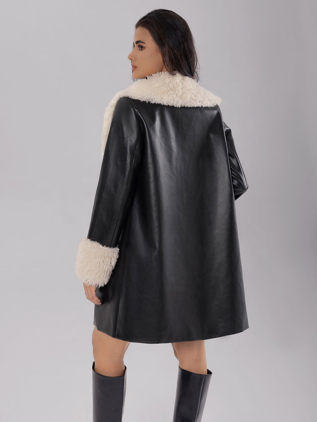 Posy | Women's leather jacket with fluffy collar, warm fleece lining