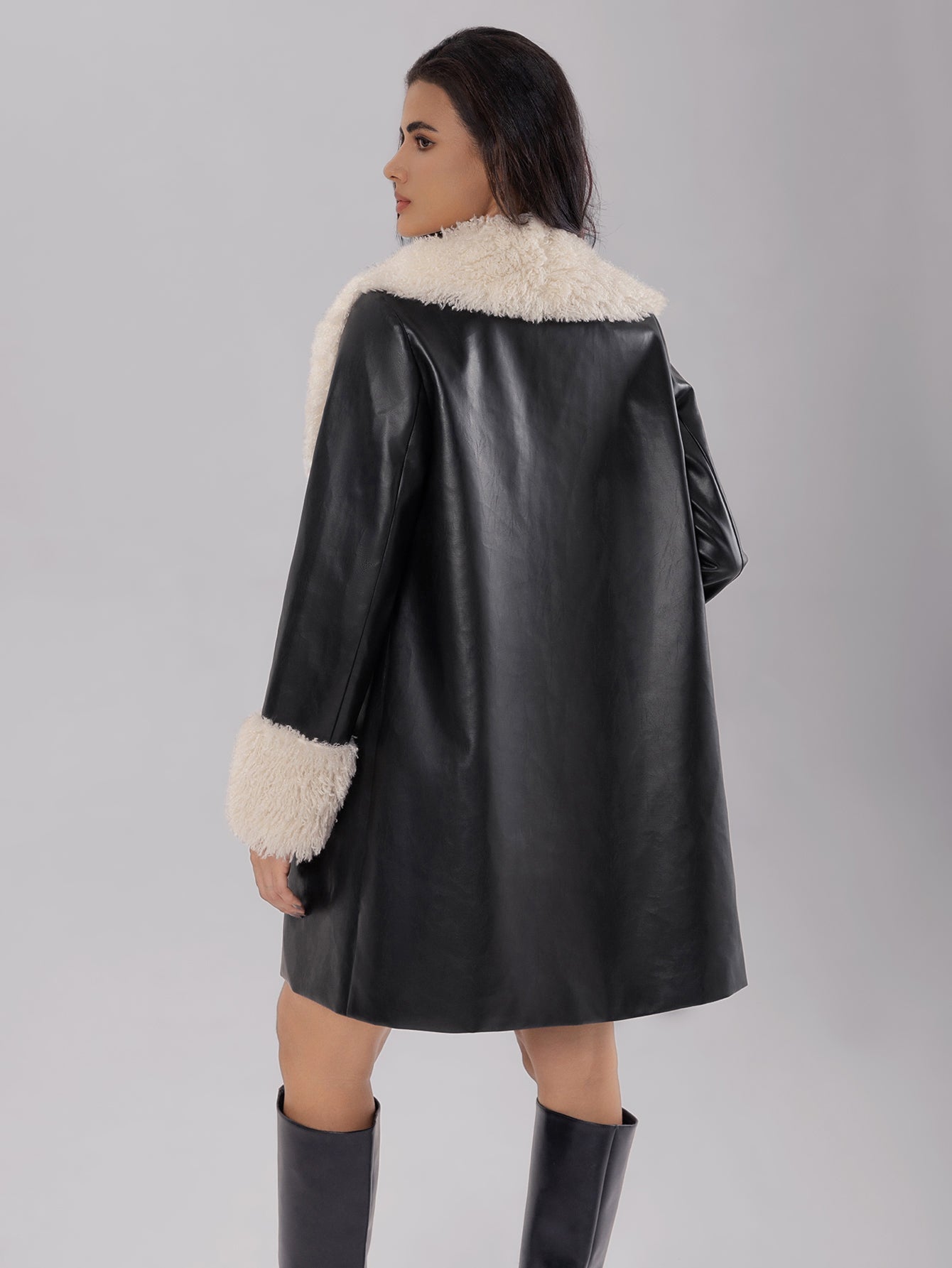 Posy | Women's leather jacket with fluffy collar, warm fleece lining