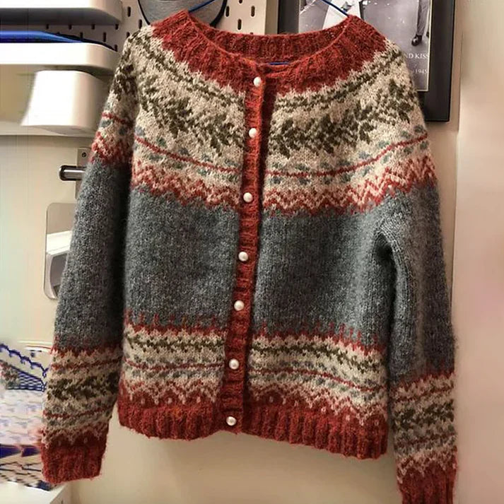 Rada | Vintage Jacquard Trui met Knoopsluiting - Stijlvolle Gebreide Top, Elegante Print, Herfst- & Wintermode