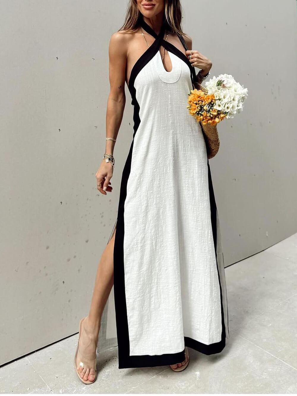 Viktoria | Color Block Halter Neck Maxi Dress with Slit