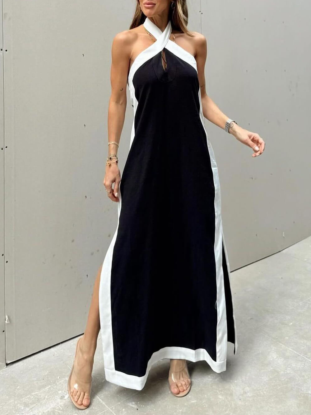 Viktoria | Color Block Halter Neck Maxi Dress with Slit