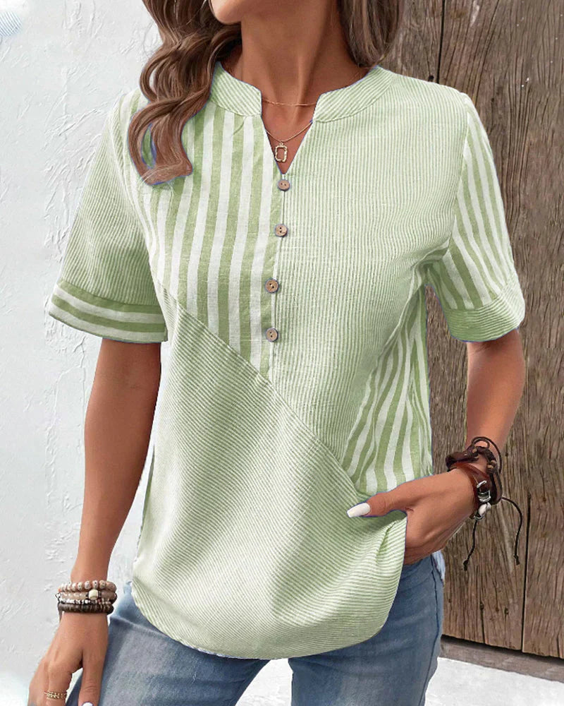 Kresimira | Elegant Striped Patchwork Blouse - Short Sleeve Casual Shirt for Women