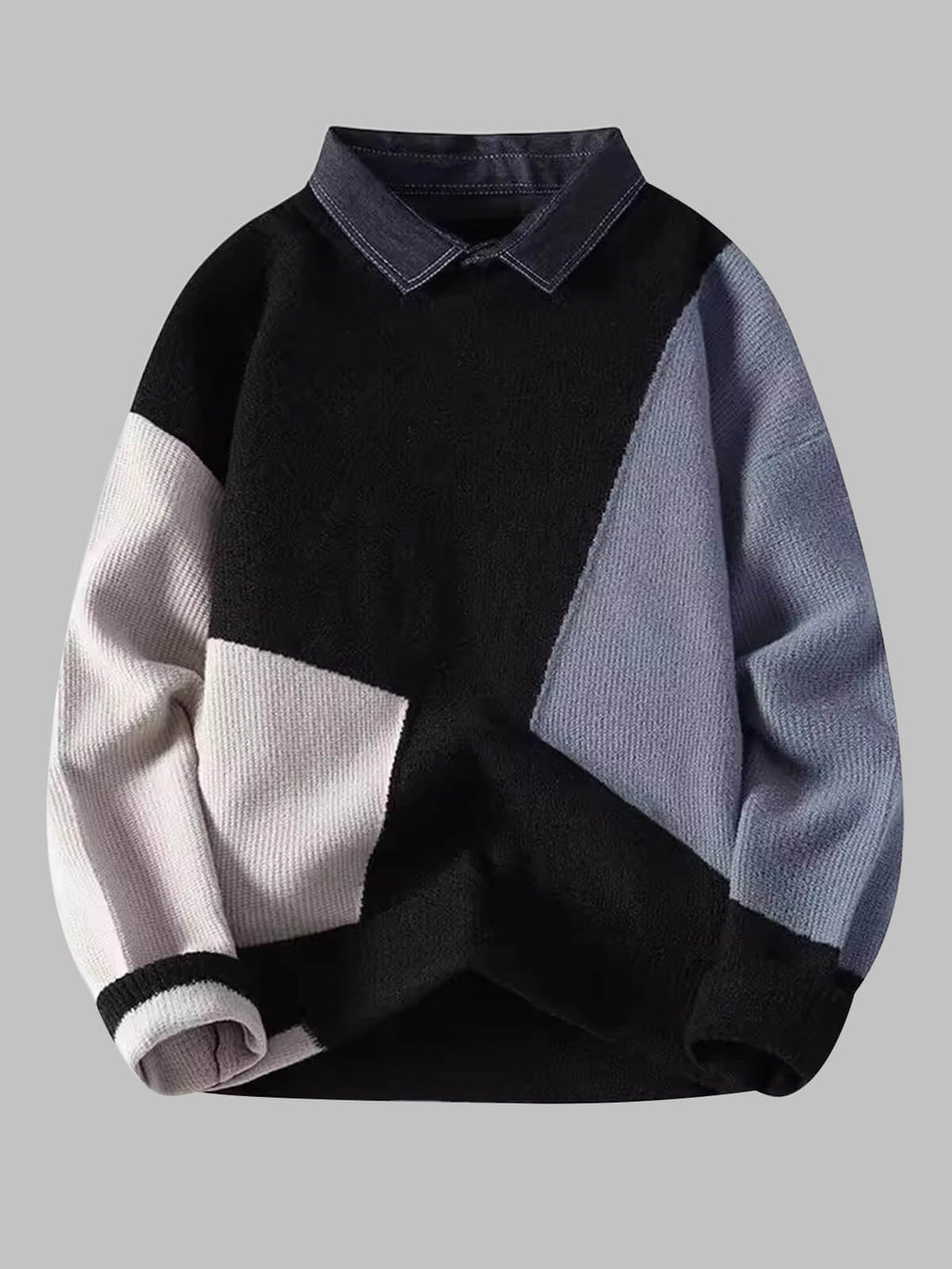 Xavion | Men's Knitted Sweater with Denim Collar - casual, warm, stylish sweater
