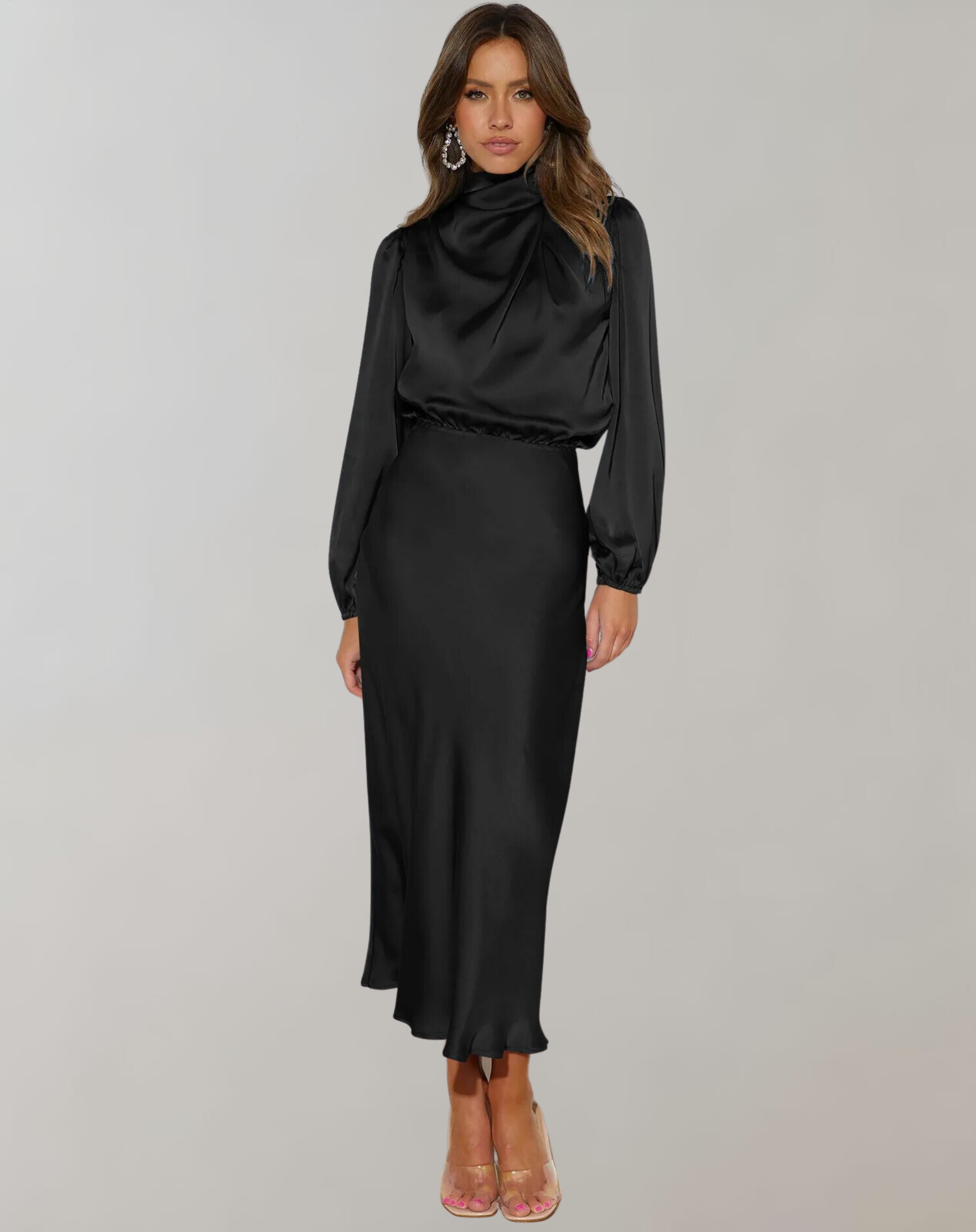 Darielle | Elegante satijnen jurk met lange mouwen voor avond, feest & formele kleding