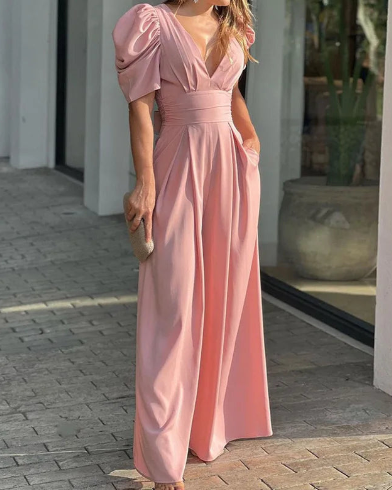 Luzienne | Combinaison pantalon à manches courtes et décolleté en V profond - Combinaison ample et chic décontractée pour femme