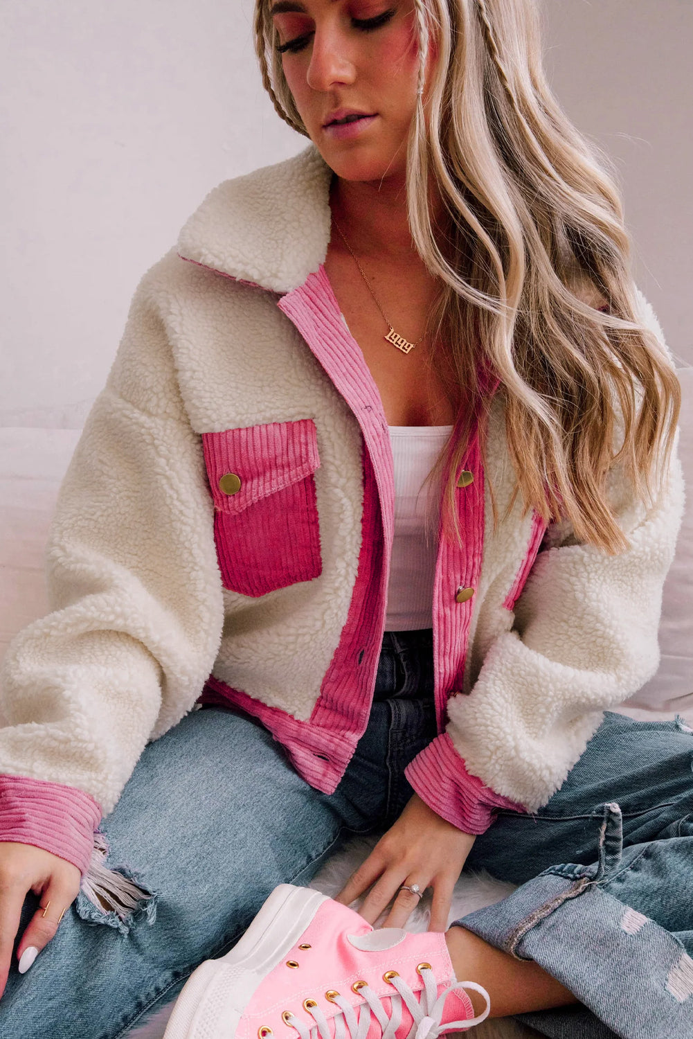Fiorella | Multicolor sherpa corduroy Knoopsluiting Gewatteerd damesjack