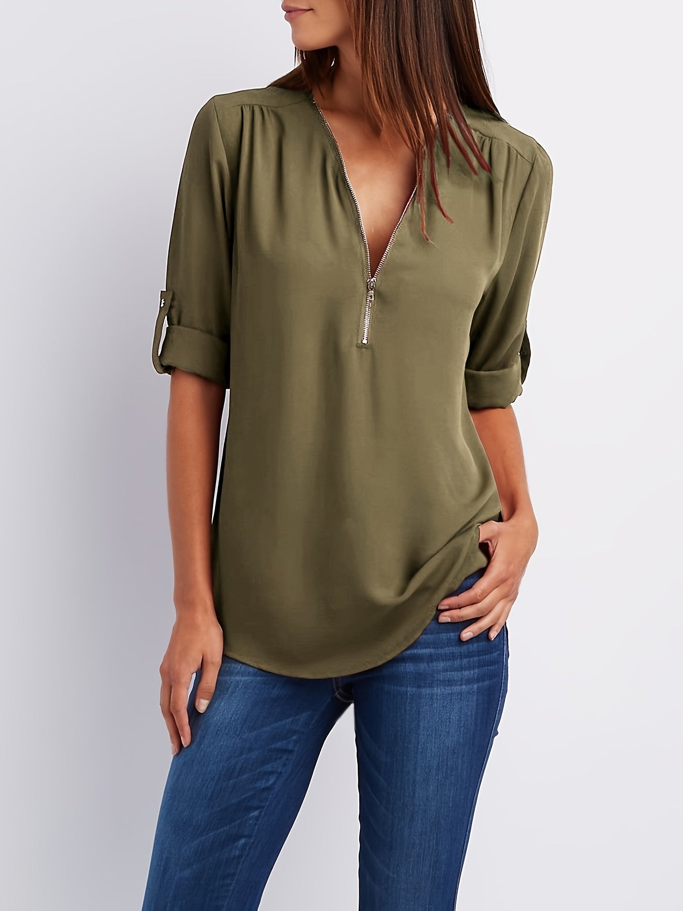 Veridiana | Women's V-Neck Half-Zip Blouse - Casual Ruffle Sleeve, Elegant and Breathable