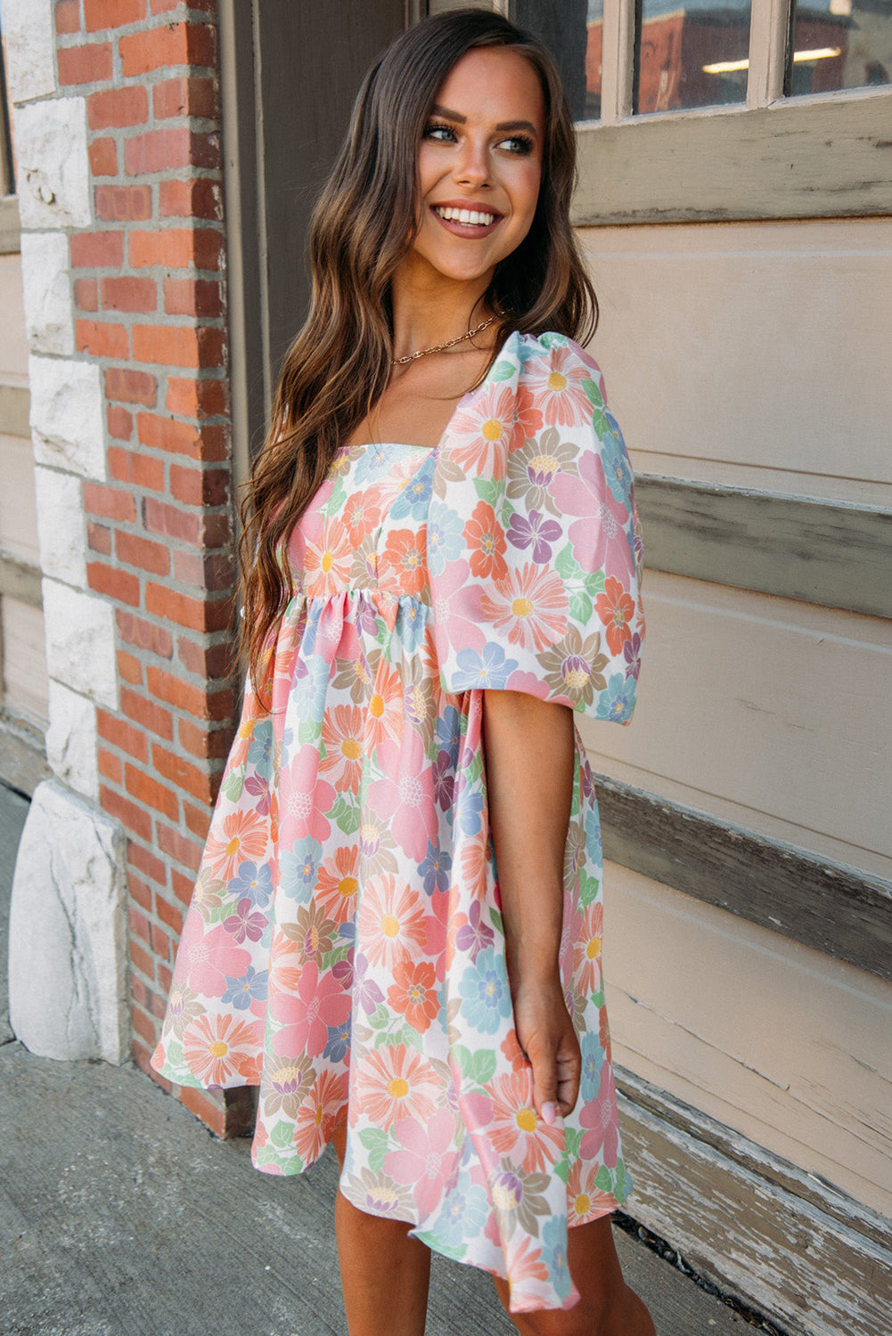 Melivra | Pink Floral Babydoll Dress - Square Neck, Puff Sleeves, Flowy Mini Dress