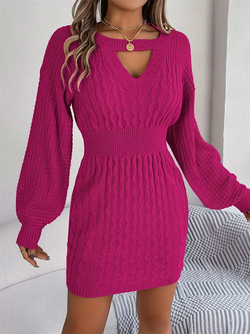 Fonda | Knitted Women's Sweater with Keyhole Detail & Lantern Sleeves, Elegant Winter Dress