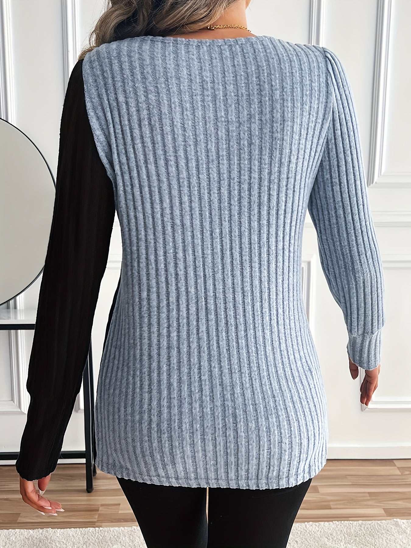 Arjeta | Dames Casual Lange Mouw Top met Vierkante Hals, Asymmetrisch Kleurblok Ontwerp