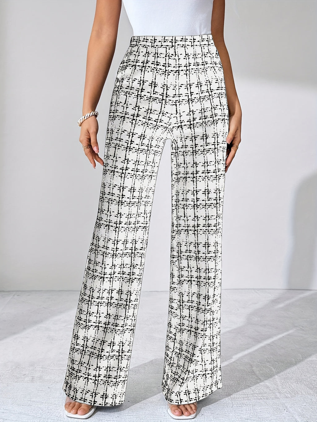 Laverna | Hoge taille geruite tweed flare broek voor dames – Rekbare casual broek met wijde pijpen